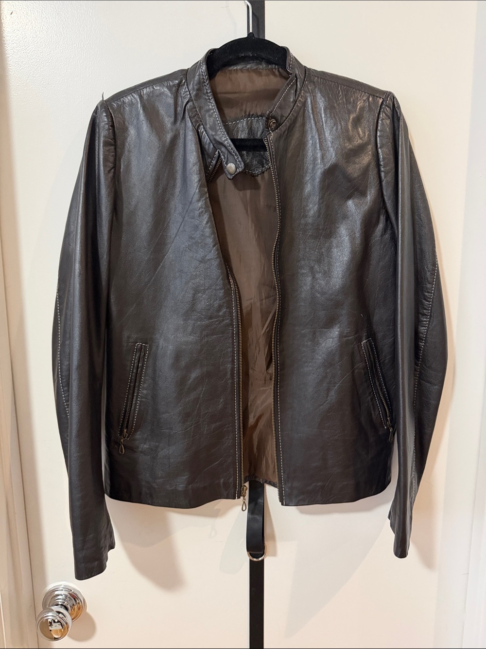 Women dark chocolate Leather Zip-Front Jacket